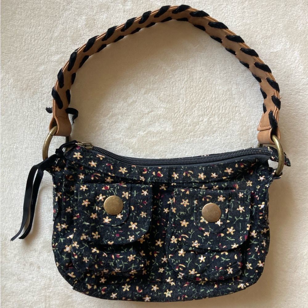 Black Floral Shoulder Bag with Braided Tan Strap